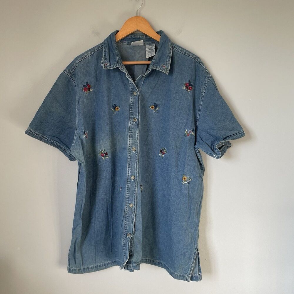 Bobbie Brooks Vintage Denim Button Down Shirt Top Embroidered Cotton Size 18/20W